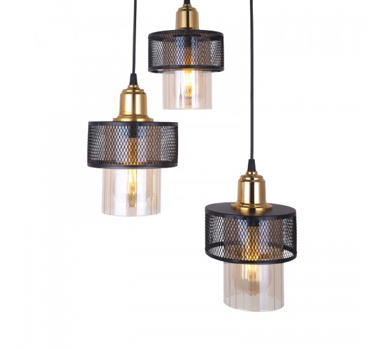 Φωτιστικό οροφής τρίφωτο PWL-1045 Ε27 μαύρο-χρυσό Φ30x85εκ Υλικό: METAL - GLASS 193-000015