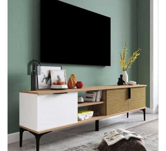 Έπιπλο τηλεόρασης Kowel μελαμίνης λευκό-oak 180x34x51εκ Υλικό: CHIPBOARD MELAMINE 197-000215