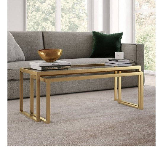 Τραπέζι σαλονιού Redro χρυσό μέταλλο-γυαλί 100x40x45εκ Υλικό: METAL - GLASS 197-000243