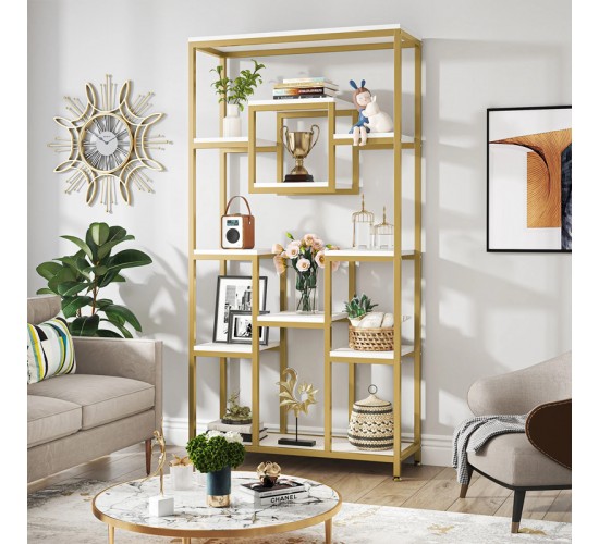 Ραφιέρα-βιβλιοθήκη μεταλλική Aduti σε χρυσή-λευκή μαρμάρου απόχρωση 90x34x182εκ Υλικό: MELAMINE - METAL 197-000259