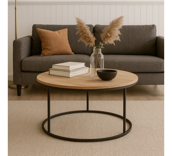 Τραπέζι σαλονιού Sikele φυσική απόχρωση με μαύρα μεταλλικά πόδια Φ60x40εκ Υλικό: METAL- CHIPBOARD 197-000327