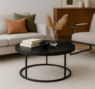 Τραπέζι σαλονιού Sikele μαύρο εφε μαρμάρου με μαύρα μεταλλικά πόδια Φ60x40εκ Υλικό: METAL- CHIPBOARD 197-000328