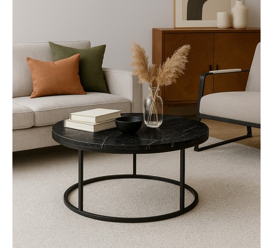 Τραπέζι σαλονιού Sikele μαύρο εφε μαρμάρου με μαύρα μεταλλικά πόδια Φ60x40εκ Υλικό: METAL- CHIPBOARD 197-000328