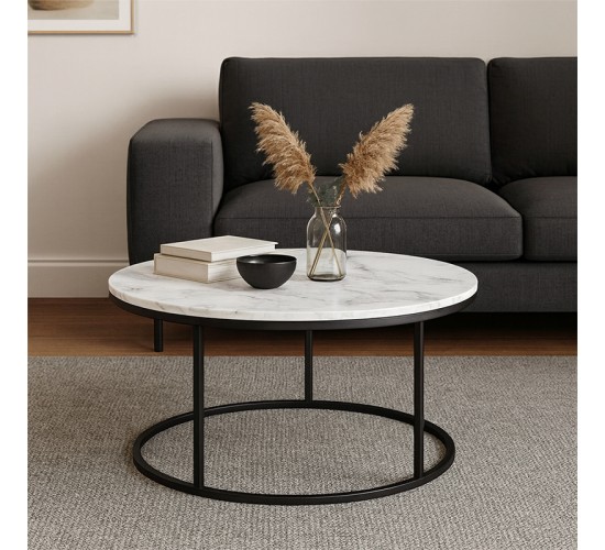 Τραπέζι σαλονιού Sikele λευκή όψη μαρμάρου και μαύρα μεταλλικά πόδια Φ60x40εκ Υλικό: METAL- CHIPBOARD 197-000329