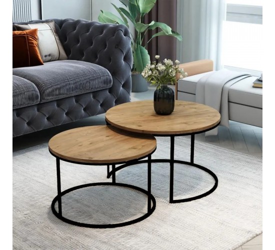 Τραπέζια σαλονιού Solme 2τεμ φυσική απόχρωση με μαύρα μεταλλικά πόδια Υλικό: METAL- CHIPBOARD 197-000330