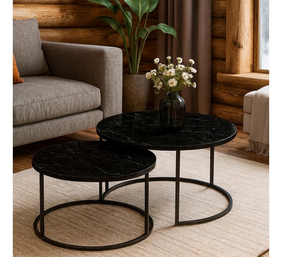 Τραπέζια σαλονιού Solme 2τεμ μαύρο εφε μαρμάρου με μαύρα μεταλλικά πόδια Υλικό: METAL- CHIPBOARD 197-000331