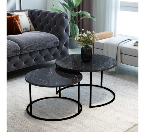 Τραπέζια σαλονιού Solme 2τεμ μαύρο εφε μαρμάρου με μαύρα μεταλλικά πόδια Υλικό: METAL- CHIPBOARD 197-000331