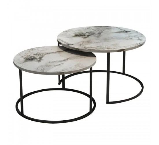 Τραπέζια σαλονιού Solme 2τεμ λευκή όψη μαρμάρου με μαύρα μεταλλικά πόδια Υλικό: METAL- CHIPBOARD 197-000332
