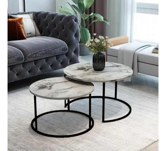 Τραπέζια σαλονιού Solme 2τεμ λευκή όψη μαρμάρου με μαύρα μεταλλικά πόδια Υλικό: METAL- CHIPBOARD 197-000332