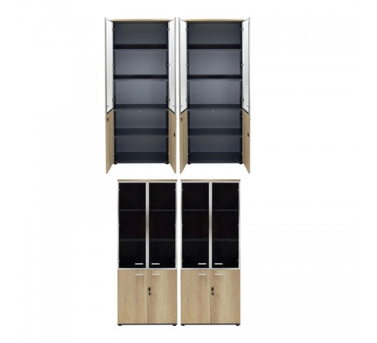 Nτουλάπα γραφείου τετράφυλλη με 2 γυάλινες πόρτες Lotus pakoworld χρώμα φυσικό-ανθρακί 160x40,5x200εκ
