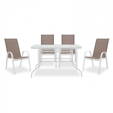 Τραπεζαρία Ensure-Calan I σετ 5τεμ μέταλλο λευκό-καφέ textilene 120x70x70εκ Υλικό: METAL 24x0.8MM - GLASS - TEXTILENE 200-000314