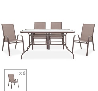 Τραπεζαρία Ensure-Calan σετ 7τεμ μέταλλο-textilene καφέ Υλικό: METAL 24x0.8MM - GLASS- TEXTILENE 200-000384