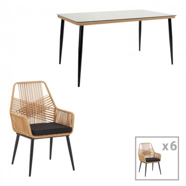 Τραπεζαρία Naoki-Tanish σετ 7 τμχ rattan φυσικό-μαύρο μέταλλο-γυαλί 160x90x78εκ Υλικό: METAL - GLASS - PE RATTAN 200-000756