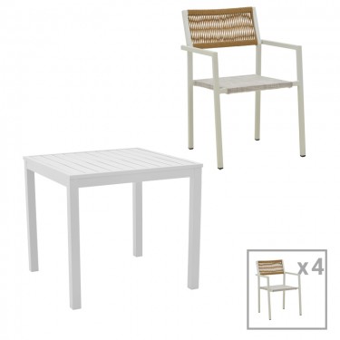 Τραπεζαρία Savor-Kliton σετ 5τεμ λευκό αλουμίνιο και rattan σε φυσικό χρώμα 80x80x74εκ Υλικό: ALUMINUM - PE RATTAN 200-000787