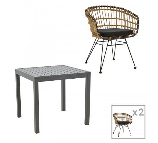 Τραπεζαρία Kliton-Naoki A σετ 3τεμ ανθρακί αλουμίνιο και μέταλλο σε μαύρη απόχρωση 80x80x74εκ Υλικό: ALUMINUM - PE RATTAN - METAL - FABRIC 200-000853