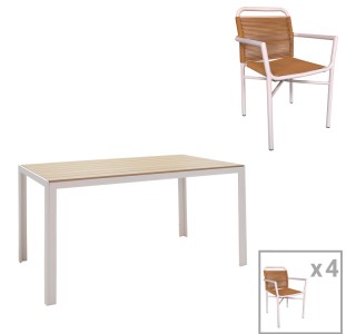 Τραπεζαρία Nares-Clutch A σετ 5τεμ λευκό αλουμίνιο και plywood σε φυσική απόχρωση 140x80x72.5εκ Υλικό: ALUMINUM - PE RATTAN - PLYWOOD 200-000926