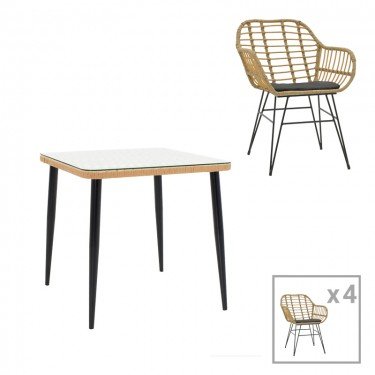 Τραπεζαρία Naoki V σετ 5τεμ rattan pe σε φυσική απόχρωση και μαύρο μέταλλο 80x80x78εκ Υλικό: METAL - PE RATTAN - GLASS 200-000959