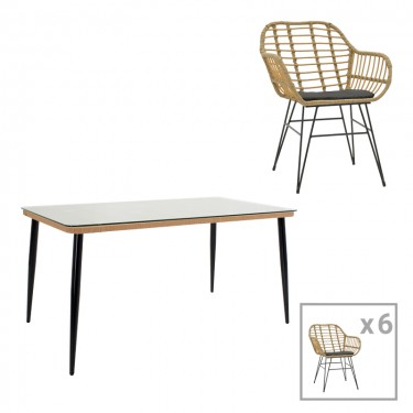 Τραπεζαρία Naoki Χ σετ 7τεμ rattan pe σε φυσική απόχρωση και μαύρο μέταλλο 160x90x78εκ Υλικό: METAL - PE RATTAN - GLASS 200-000961