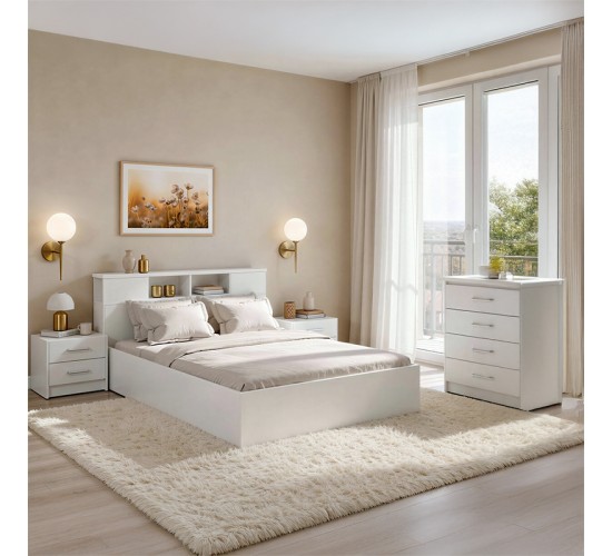 Σετ Κρεβατοκάμαρας Olympus White με Κρεβάτι 140x200εκ Σετ 4τεμ Υλικό: MDF. Μοριοσανίδα με επένδυση μελαμίνης 200-001444