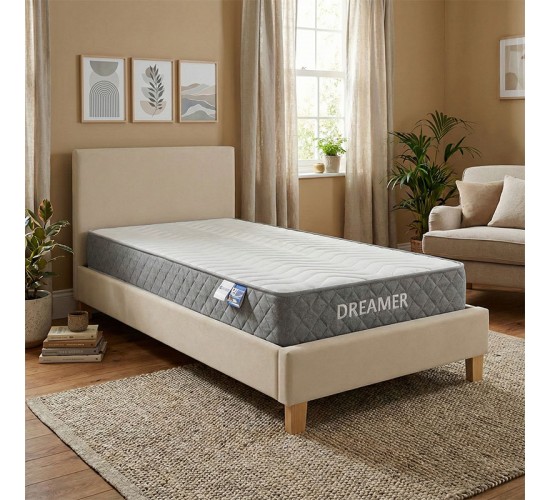 Κρεβάτι με στρώμα Nevil-Dreamer ύφασμα μπεζ-πόδι φυσική απόχρωση 90x190εκ Υλικό: POLYESTER FABRIC - PLYWOOD - POCKET SPRING MATTRESS 200-001465