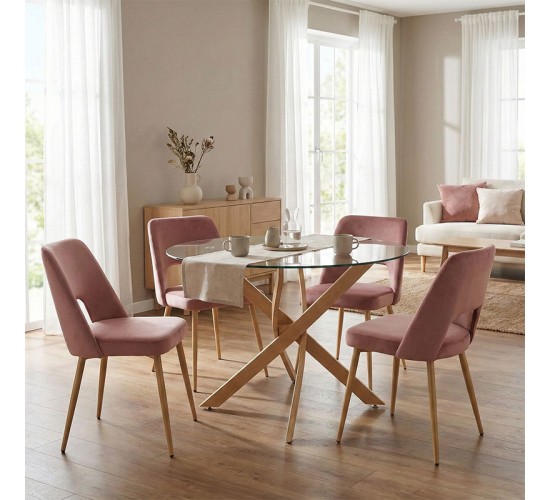 Τραπεζαρία με Καρέκλες Murde Σάπιο Μήλο  και Τραπέζι Antoro γυαλί Φ100x75εκ Σετ 5τεμ Υλικό: FABRIC-  GLASS - METAL 200-001539