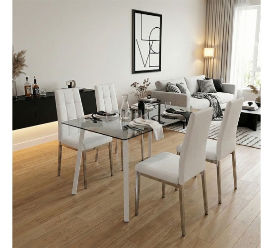 Τραπεζαρία με Καρέκλες Ariadne Λευκό και Τραπέζι Titta γυαλί 120x70x75εκ Σετ 5τεμ Υλικό: FABRIC-  GLASS - METAL 200-001568