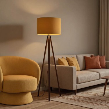 Φωτιστικό δαπέδου PWL-1059 Ε27 καρυδί-κίτρινο Φ38x140εκ Υλικό: MDF - FABRIC 202-000004