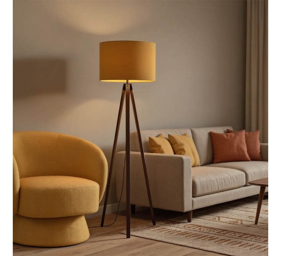 Φωτιστικό δαπέδου PWL-1059 Ε27 καρυδί-κίτρινο Φ38x140εκ Υλικό: MDF - FABRIC 202-000004