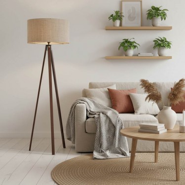 Φωτιστικό δαπέδου PWL-1059 Ε27 μπεζ-καρυδί Φ38x140εκ Υλικό: MDF - FABRIC 202-000005