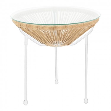 Τραπέζι Acapulco μεταλλο σε λευκή-pe rattan σε φυσική απόχρωση Φ50x52εκ Υλικό: 40%  Steel 40%  Glass 20%  Polyester 218-000033