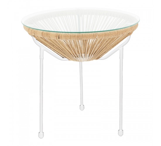 Τραπέζι Acapulco μεταλλο σε λευκή-pe rattan σε φυσική απόχρωση Φ50x52εκ Υλικό: 40%  Steel 40%  Glass 20%  Polyester 218-000033