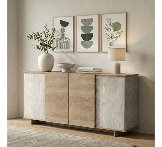 Μπουφές Zafore sonoma - γκρι μπεζ όψη μαρμάρου 180x45x80εκ Υλικό: MELAMINE 230-000126