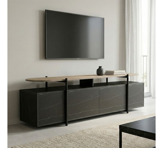 Έπιπλο τηλεόρασης Medousa sonoma - μαύρη όψη μαρμάρου 160x35.5x50εκ Υλικό: 25mm Melamine Board -  Ø22&20*20mm Powder Coated Steel Tube 230-000129