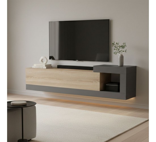 Έπιπλο τηλεόρασης επιτοίχιο Flato sonoma-ανθρακί 150x29.5x38.5εκ Υλικό: 15mm Melamine Board -Solid wood legs 230-000143