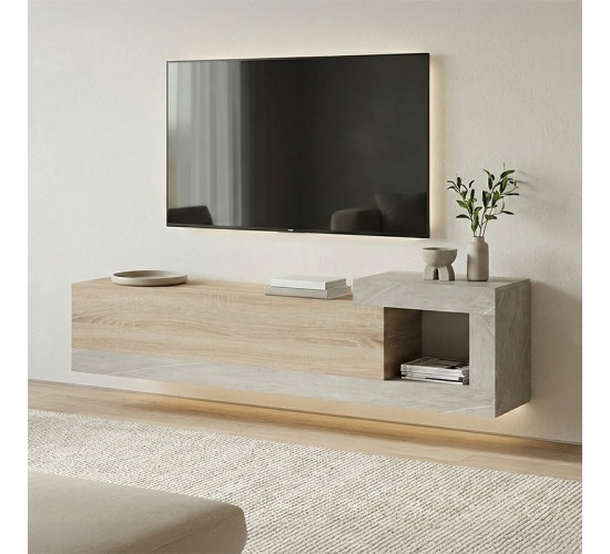 Έπιπλο τηλεόρασης επιτοίχιο Flato sonoma-γκρι μπεζ όψη μαρμάρου 150x29.5x38.5εκ Υλικό: 15mm Melamine Board -Solid wood legs 230-000144