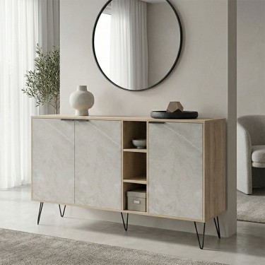 Μπουφές Balain sonoma-γκρι μπεζ όψη μαρμάρου 142x35.5x83εκ Υλικό: 15mm Melamine Board -Steel black legs 230-000163