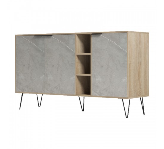 Μπουφές Balain sonoma-γκρι μπεζ όψη μαρμάρου 142x35.5x83εκ Υλικό: 15mm Melamine Board -Steel black legs 230-000163