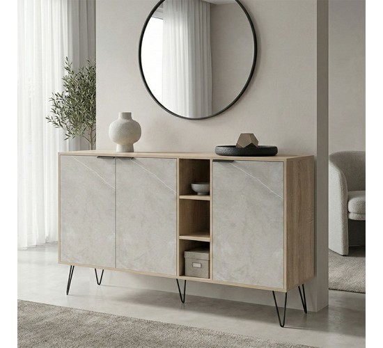 Μπουφές Balain sonoma-γκρι μπεζ όψη μαρμάρου 142x35.5x83εκ Υλικό: 15mm Melamine Board -Steel black legs 230-000163