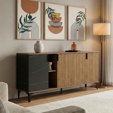 Μπουφές Riba καρυδί-μαύρη όψη μαρμάρου 180x40x78εκ Υλικό: 15mm Melamine Board -Steel black legs 230-000179