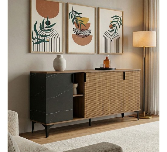 Μπουφές Riba καρυδί-μαύρη όψη μαρμάρου 180x40x78εκ Υλικό: 15mm Melamine Board -Steel black legs 230-000179