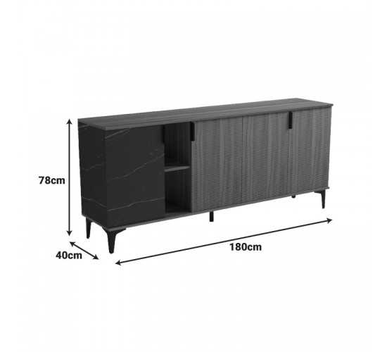 Μπουφές Riba καρυδί-μαύρη όψη μαρμάρου 180x40x78εκ Υλικό: 15mm Melamine Board -Steel black legs 230-000179