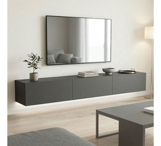 Έπιπλο τηλεόρασης επιτοίχιο με Led Rival ανθρακί 210x35x30εκ Υλικό: 15MM MELAMINE BOARD 230-000198