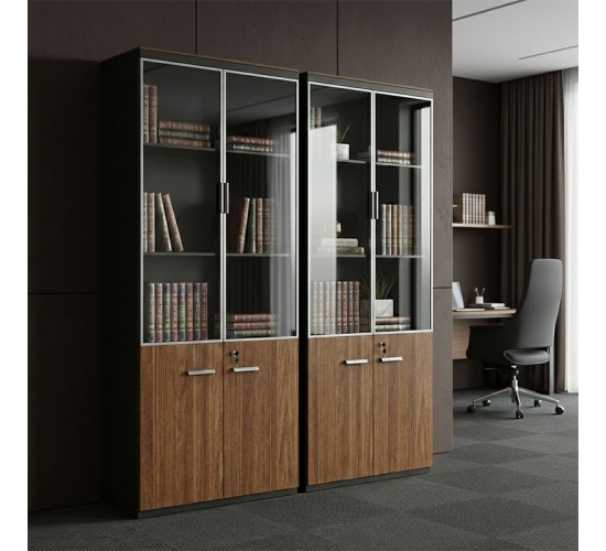 Ντουλάπες γραφείου επαγγελματικές Oscar καρυδί-ανθρακί 160x40x200εκ Υλικό: MELAMINE - GLASS 246-000034