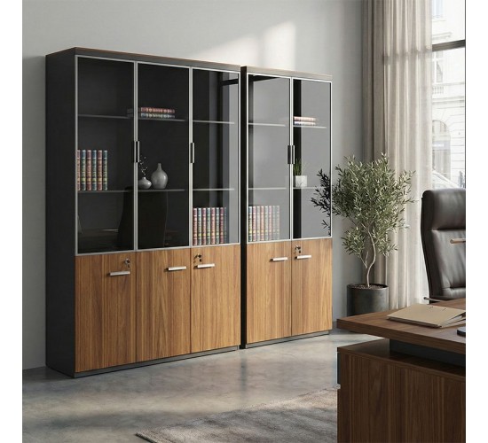 Ντουλάπες γραφείου επαγγελματικές Oscar καρυδί-ανθρακί 200x40x200εκ Υλικό: MELAMINE - GLASS 246-000042