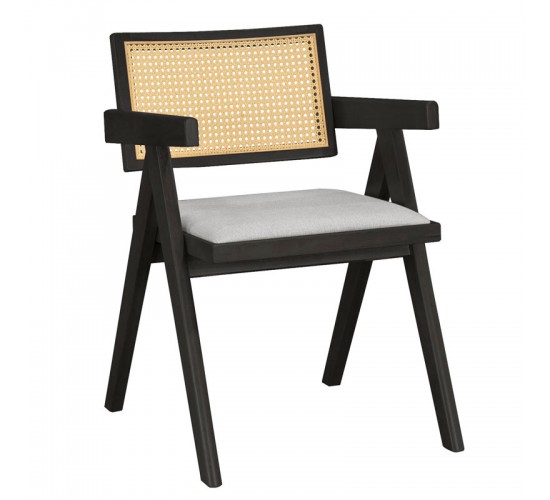 Πολυθρόνα Winslow ξύλο rubberwood μαύρο-pvc rattan φυσικό-ύφασμα γκρι Υλικό: RUBBERWOOD - PVC RATTAN - FABRIC - FOAM 247-000005