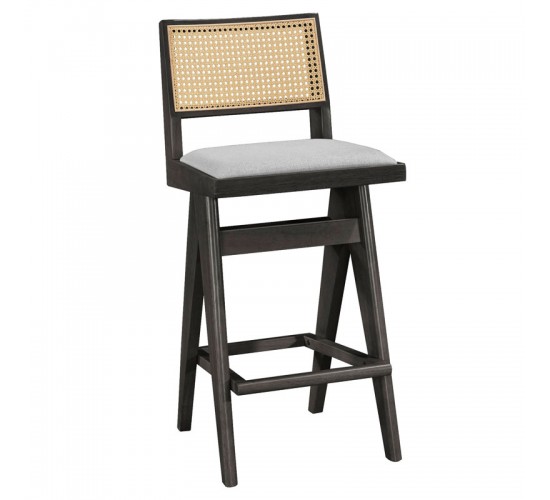 Σκαμπό bar Winslow ξύλο rubberwood μαύρο-pvc rattan φυσικό-ύφασμα γκρι 44.5x46x98εκ Υλικό: RUBBERWOOD - PVC  RATTAN - FABRIC - FOAM 247-000008