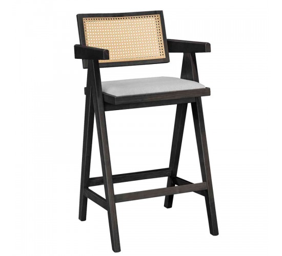 Σκαμπό bar Winslow ξύλο rubberwood μαύρο-pvc rattan φυσικό-ύφασμα γκρι Υλικό: RUBBERWOOD - PVC RATTAN - FABRIC - FOAM 247-000010