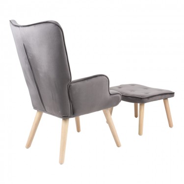 Πολυθρόνα με υποπόδιο Melisia γκρι βελούδο και ξύλινο πόδι σε φυσική απόχρωση 59x67x94εκ Υλικό: VELVET - WOOD 255-000076