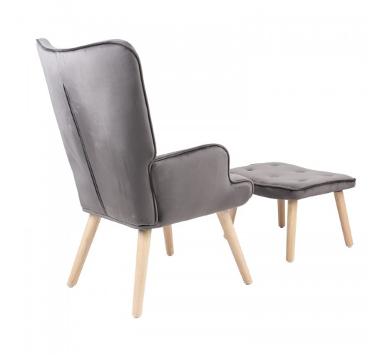 Πολυθρόνα με υποπόδιο Melisia γκρι βελούδο και ξύλινο πόδι σε φυσική απόχρωση 59x67x94εκ Υλικό: VELVET - WOOD 255-000076