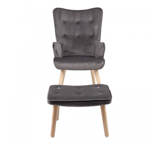 Πολυθρόνα με υποπόδιο Melisia γκρι βελούδο και ξύλινο πόδι σε φυσική απόχρωση 59x67x94εκ Υλικό: VELVET - WOOD 255-000076